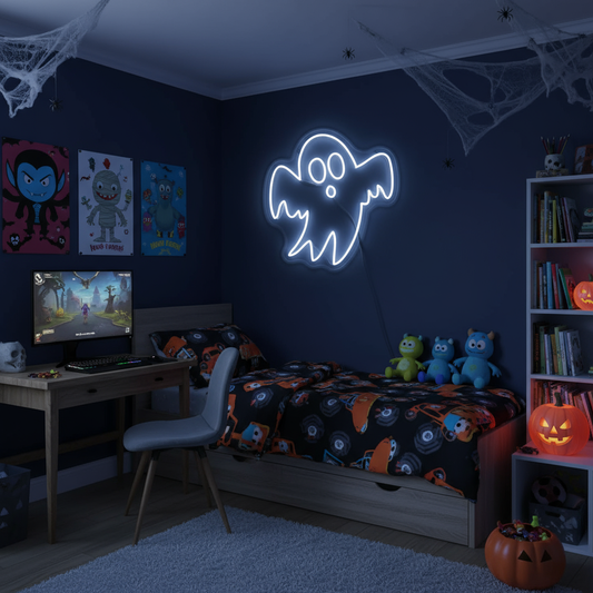 Children's room decorated with Halloween theme, including a neon ghost sign on the wall.